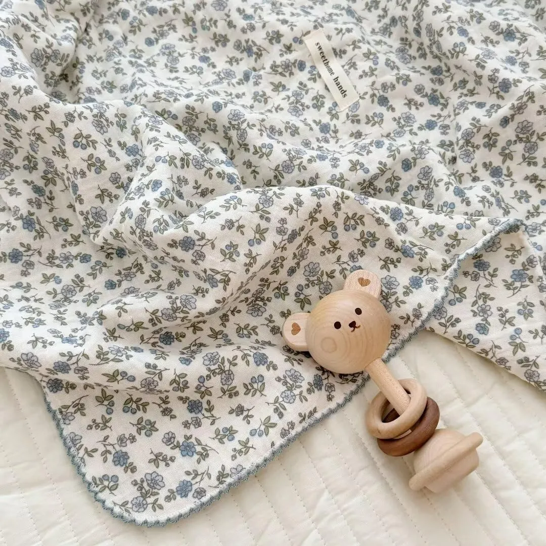 BuLuTu 100% Cotton Muslin Toddler Blanket for Girls Boys Shabby Chic Blue Floral Baby Blanket Soft Lightweight Toddler Bed Blankets Gauze Cotton Crib Quilt, 1 pc, 47"x51"