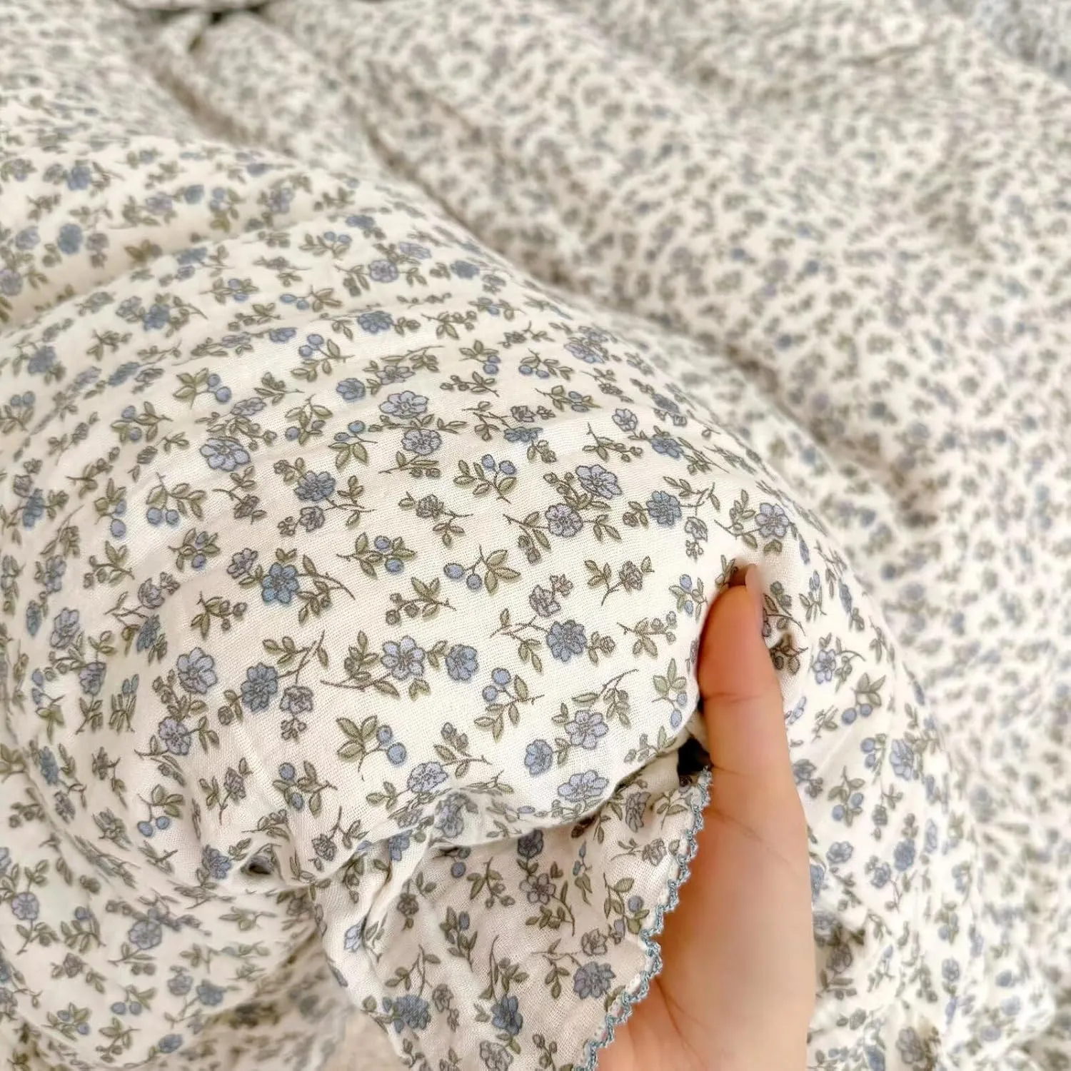 BuLuTu Blue Floral Print Duvet Cover Full Bed Comforter Cover 79"x90", Cotton Muslin Quilt Cover with Ruffles Chic Princess Bedding Duvet Cover with Zipper, No Pillow Cases/Filling