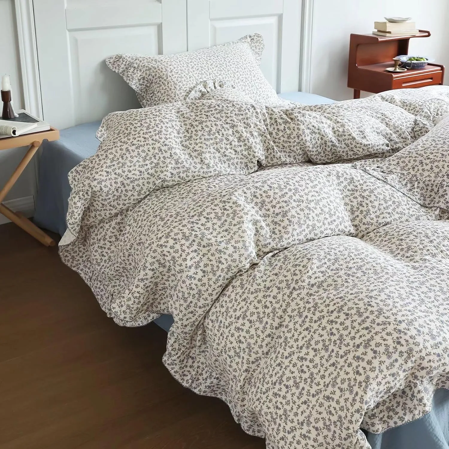 BuLuTu Blue Floral Print Duvet Cover Full Bed Comforter Cover 79"x90", Cotton Muslin Quilt Cover with Ruffles Chic Princess Bedding Duvet Cover with Zipper, No Pillow Cases/Filling