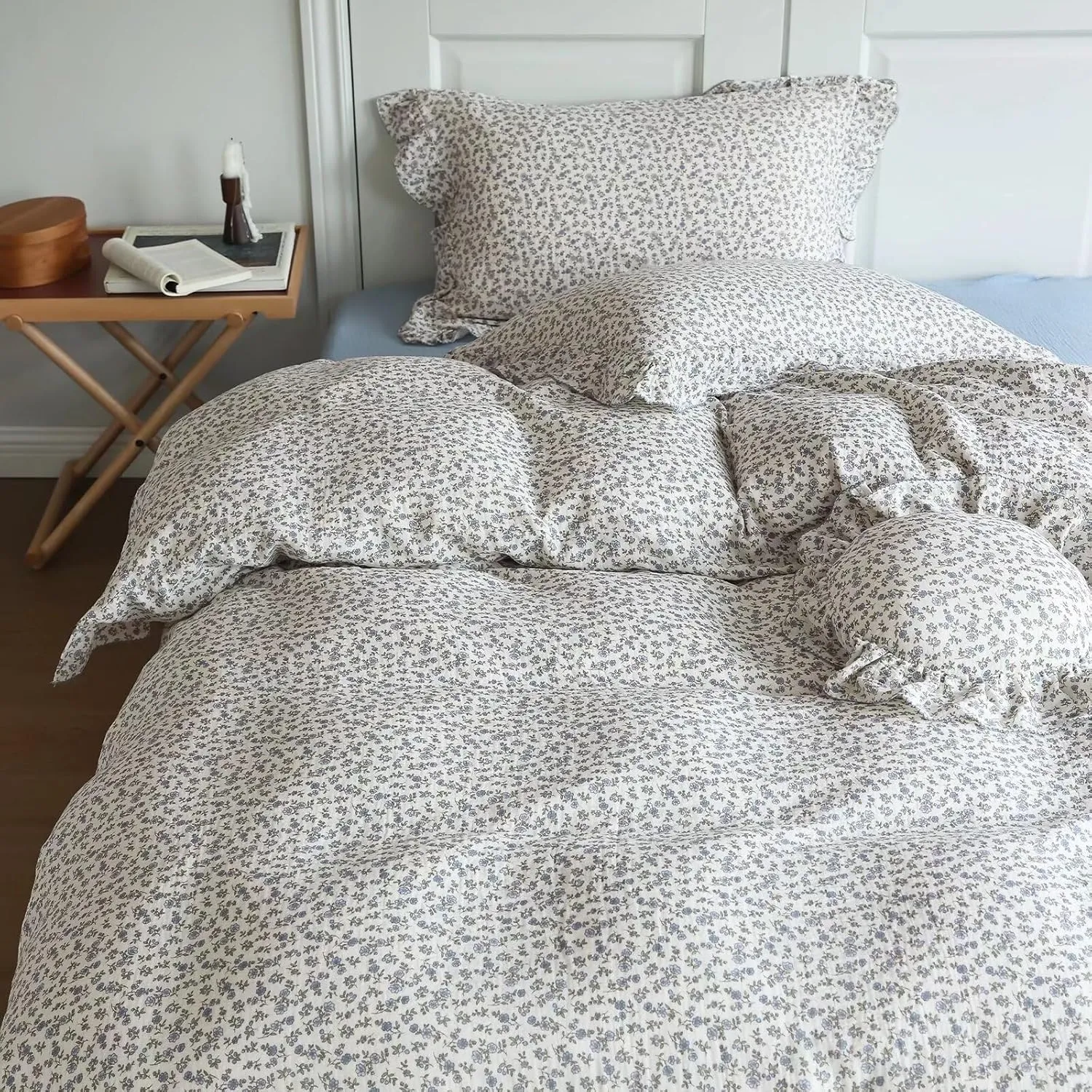 BuLuTu Blue Floral Print Duvet Cover Full Bed Comforter Cover 79"x90", Cotton Muslin Quilt Cover with Ruffles Chic Princess Bedding Duvet Cover with Zipper, No Pillow Cases/Filling