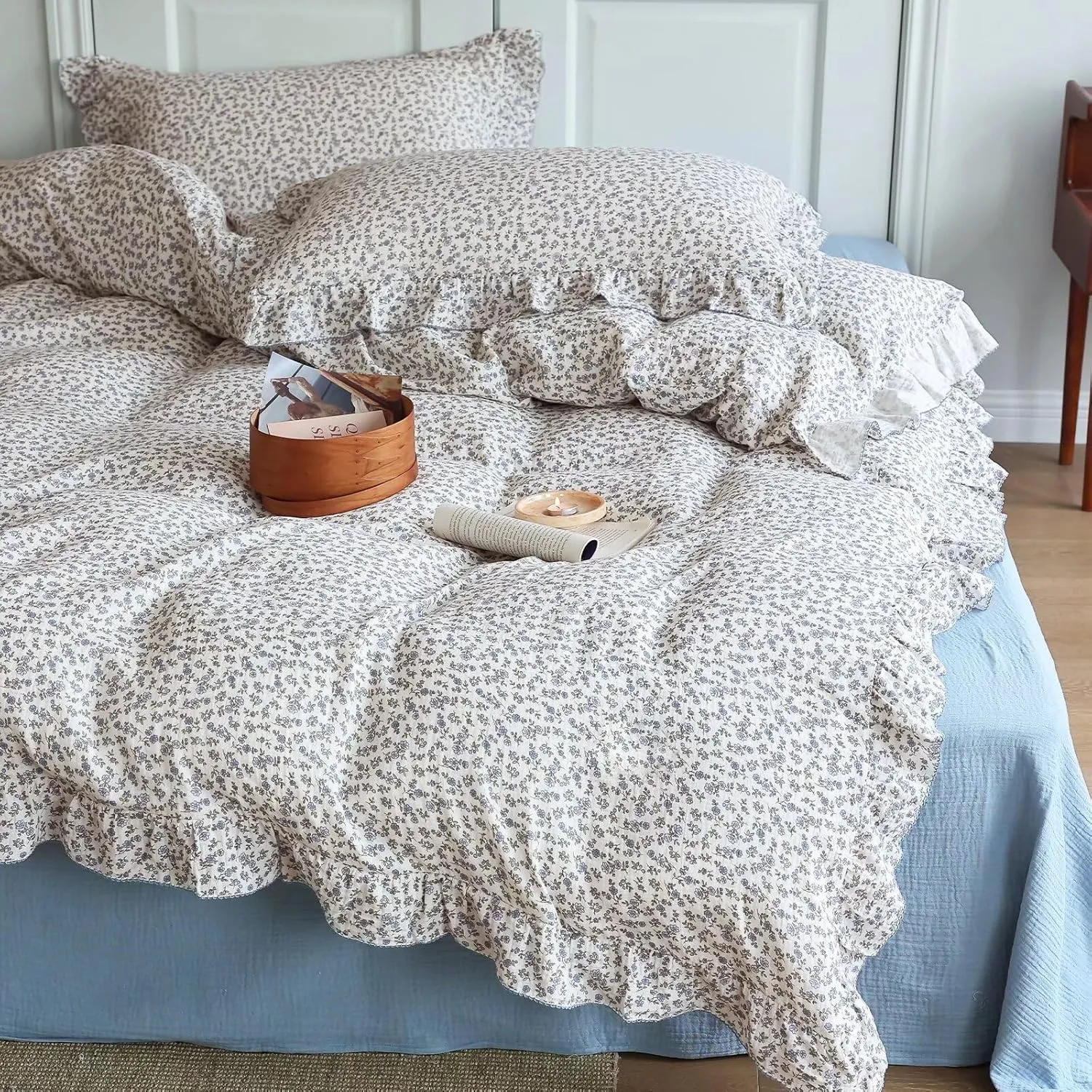 BuLuTu Blue Floral Print Duvet Cover Full Bed Comforter Cover 79"x90", Cotton Muslin Quilt Cover with Ruffles Chic Princess Bedding Duvet Cover with Zipper, No Pillow Cases/Filling