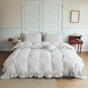 BuLuTu Blue Floral Print Duvet Cover Full Bed Comforter Cover 79"x90", Cotton Muslin Quilt Cover with Ruffles Chic Princess Bedding Duvet Cover with Zipper, No Pillow Cases/Filling
