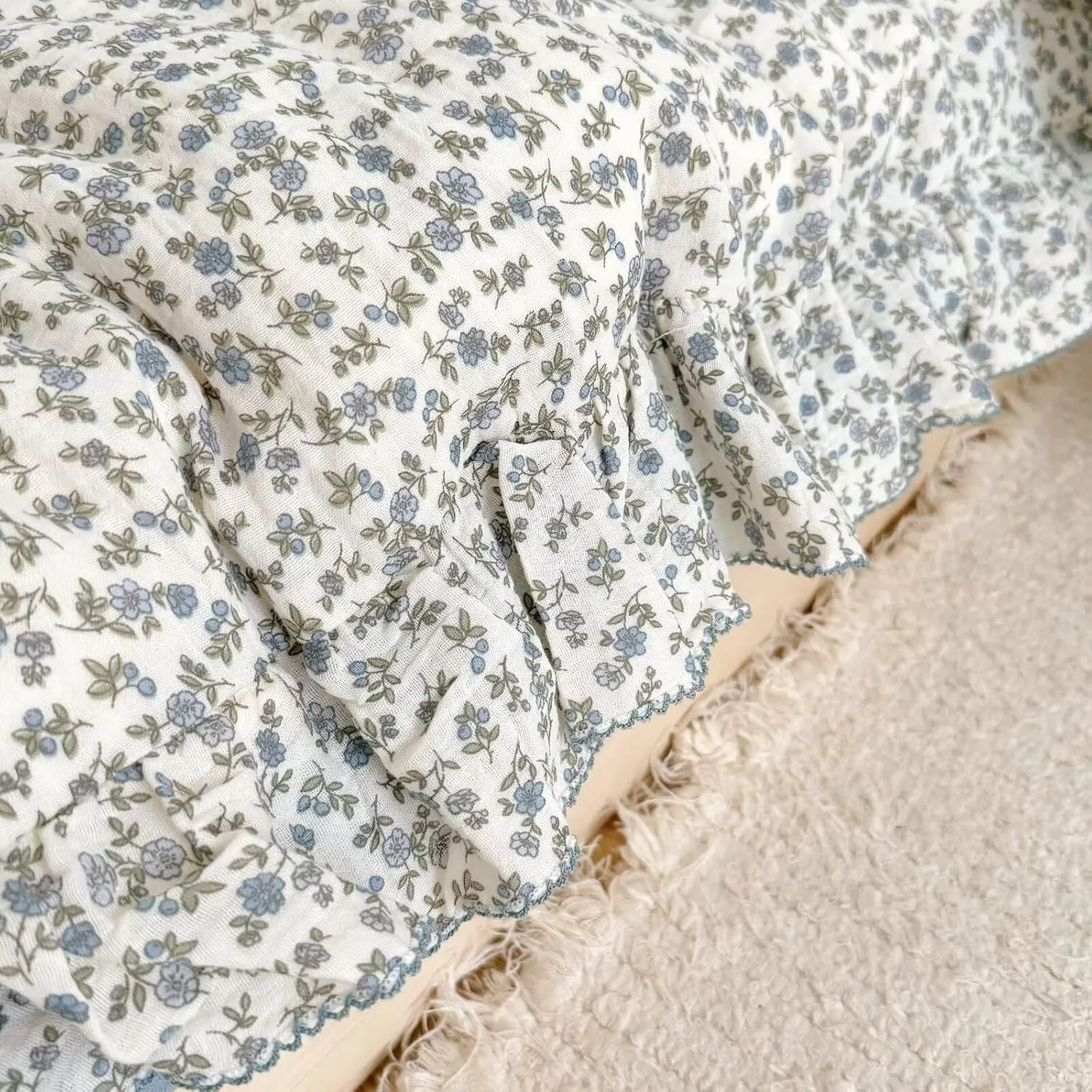 BuLuTu Chic Shabby Floral Girls Boys Duvet Cover Twin Size, Blue Flower Print Kids Duvet Cotton Muslin Soft Breathable Ruffled Quilt Cover Children Bedding, Zipper Closure