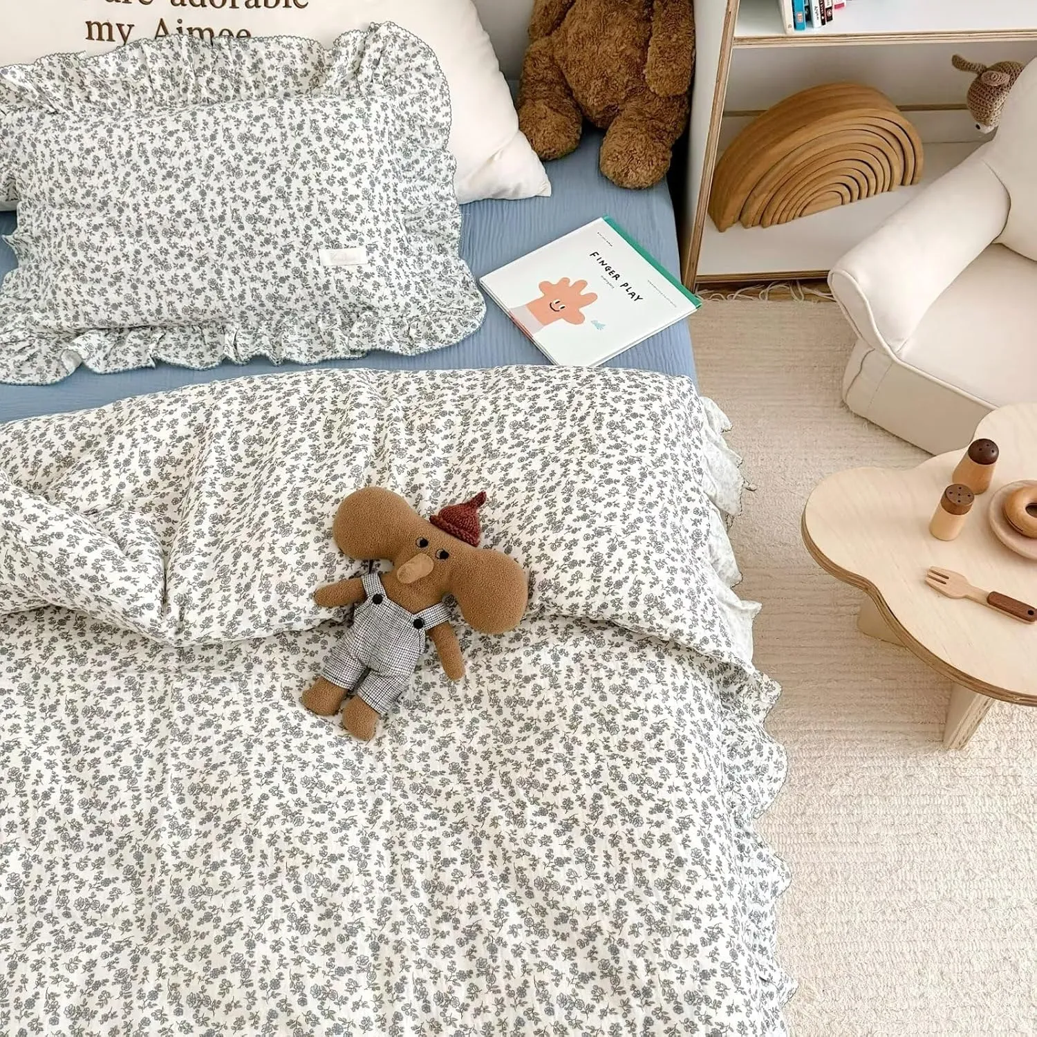 BuLuTu Chic Shabby Floral Girls Boys Duvet Cover Twin Size, Blue Flower Print Kids Duvet Cotton Muslin Soft Breathable Ruffled Quilt Cover Children Bedding, Zipper Closure