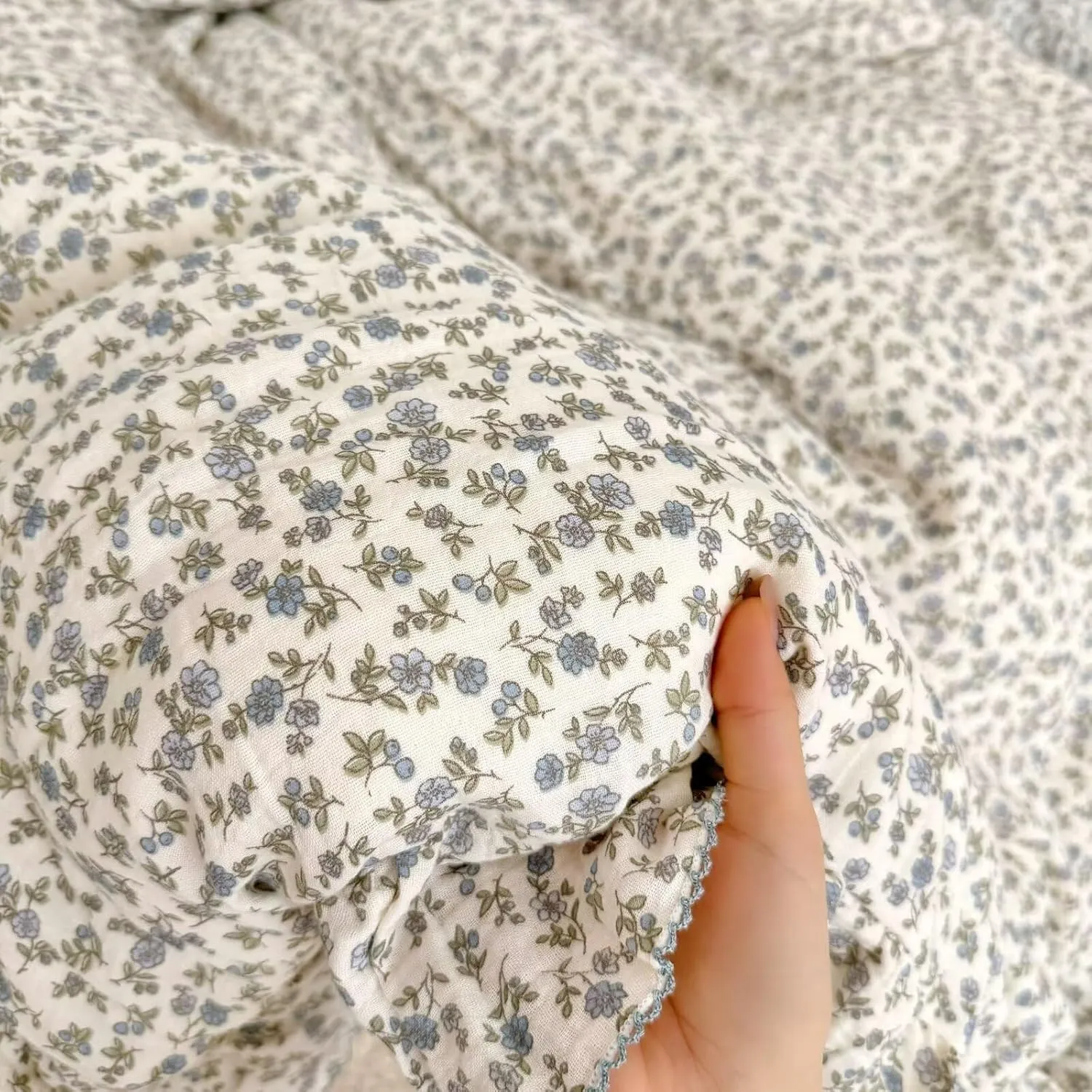 BuLuTu Chic Shabby Floral Girls Boys Duvet Cover Twin Size, Blue Flower Print Kids Duvet Cotton Muslin Soft Breathable Ruffled Quilt Cover Children Bedding, Zipper Closure