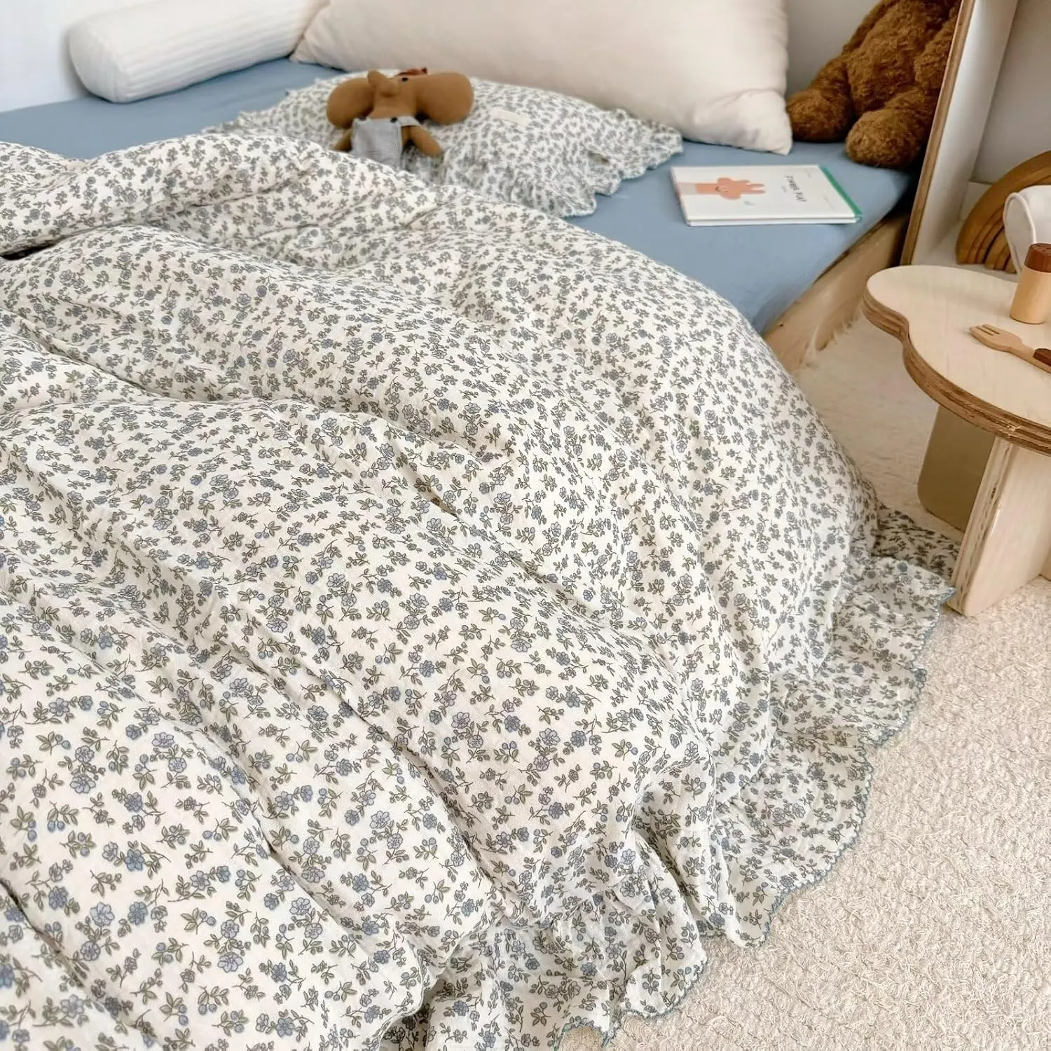 BuLuTu Chic Shabby Floral Girls Boys Duvet Cover Twin Size, Blue Flower Print Kids Duvet Cotton Muslin Soft Breathable Ruffled Quilt Cover Children Bedding, Zipper Closure