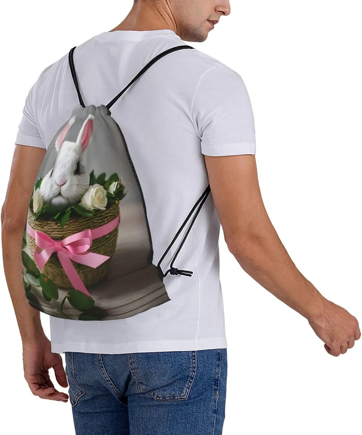 Bunny Rosette Print Sports Drawstring Backpack,Water Resistant Bag, Gym Backpack for Women Men