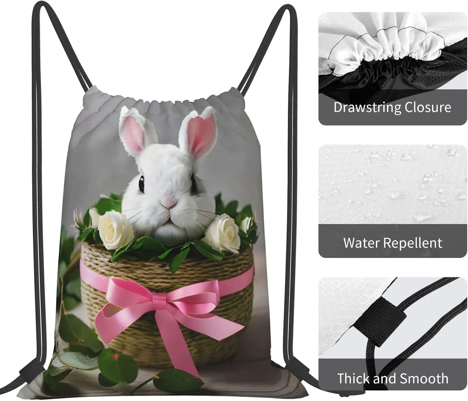 Bunny Rosette Print Sports Drawstring Backpack,Water Resistant Bag, Gym Backpack for Women Men