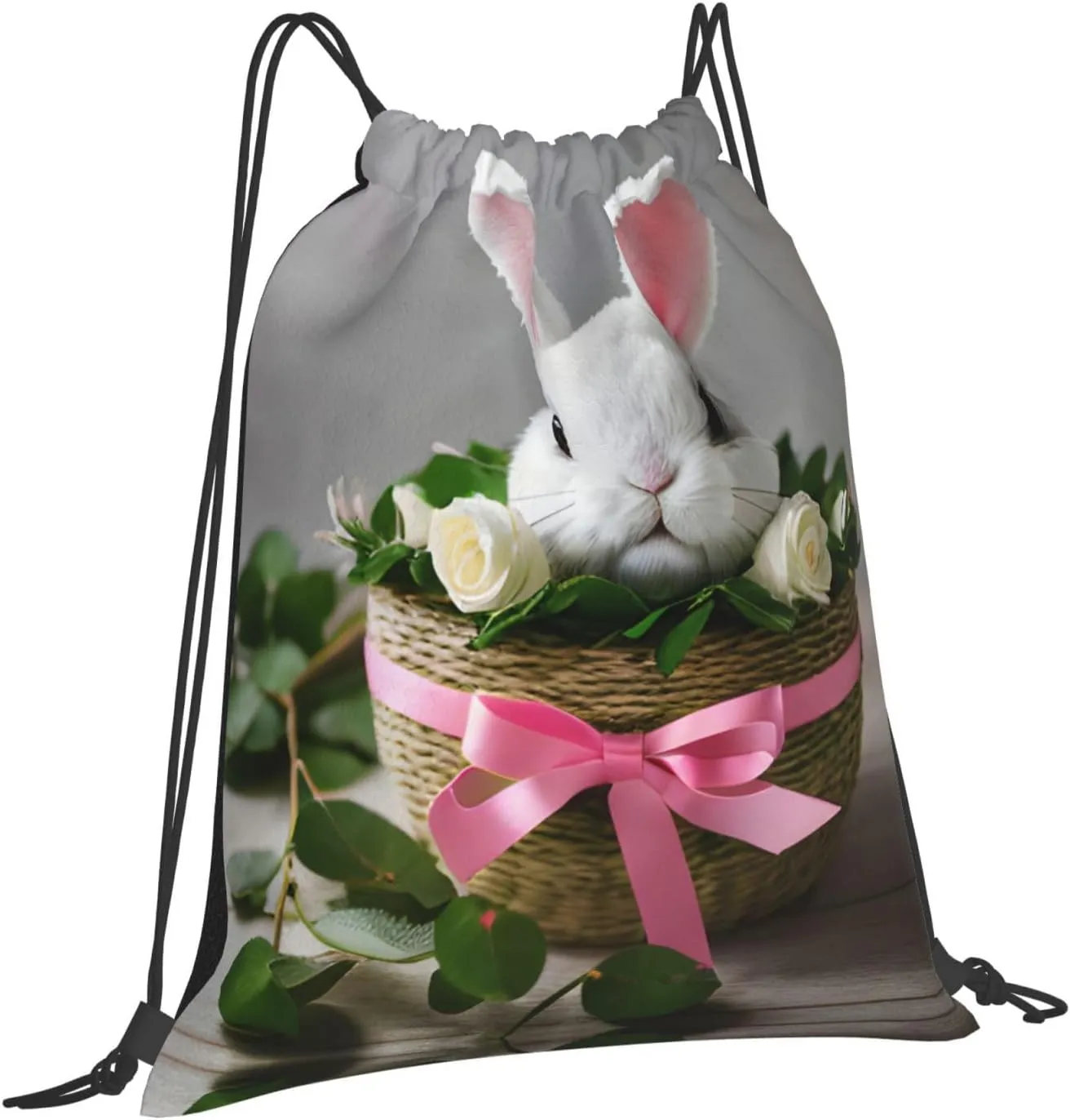 Bunny Rosette Print Sports Drawstring Backpack,Water Resistant Bag, Gym Backpack for Women Men