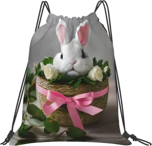 Bunny Rosette Print Sports Drawstring Backpack,Water Resistant Bag, Gym Backpack for Women Men