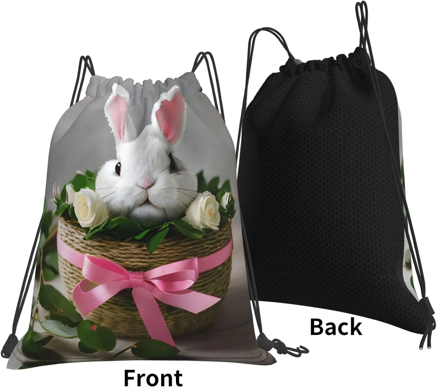 Bunny Rosette Print Sports Drawstring Backpack,Water Resistant Bag, Gym Backpack for Women Men