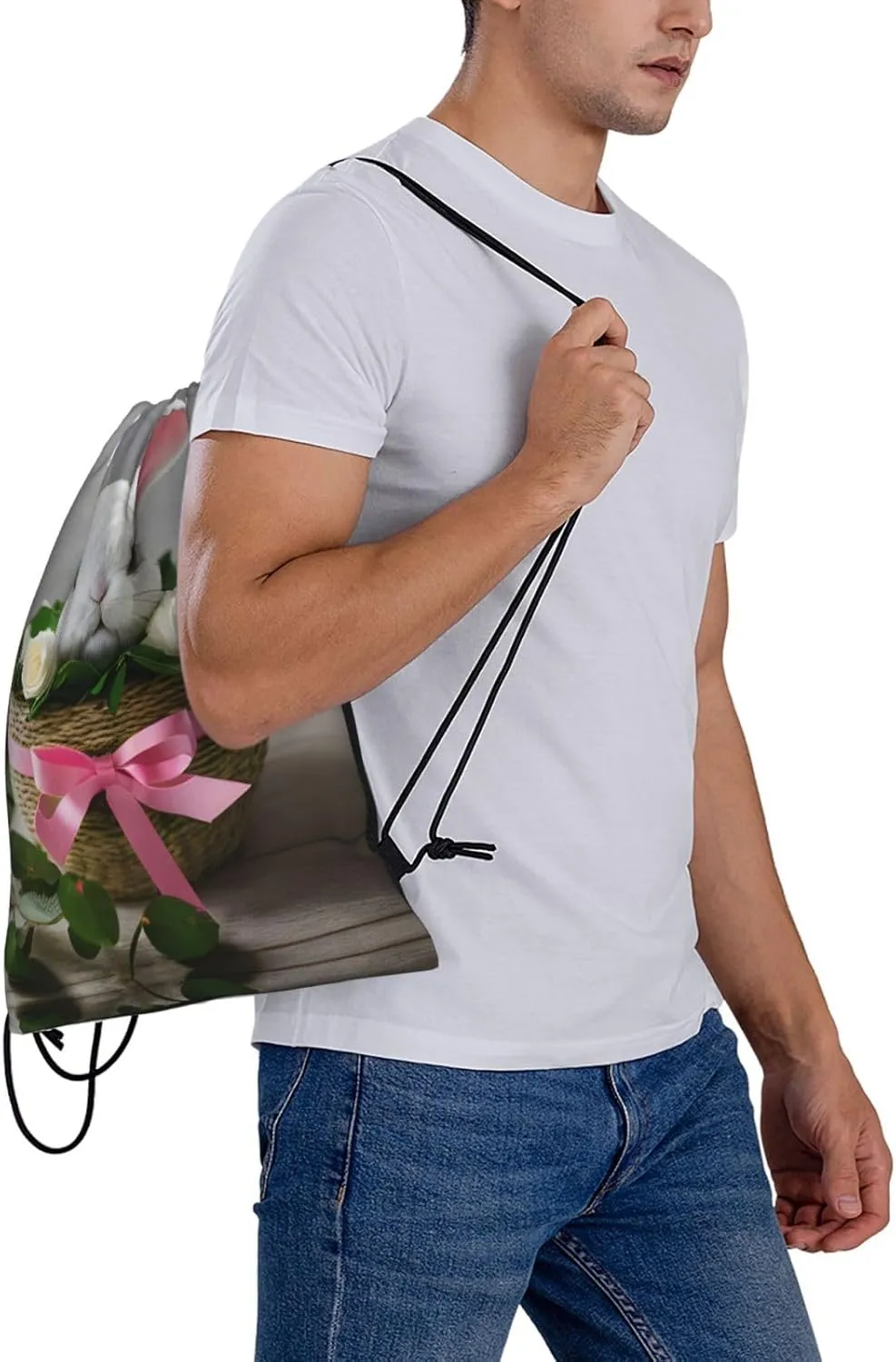 Bunny Rosette Print Sports Drawstring Backpack,Water Resistant Bag, Gym Backpack for Women Men