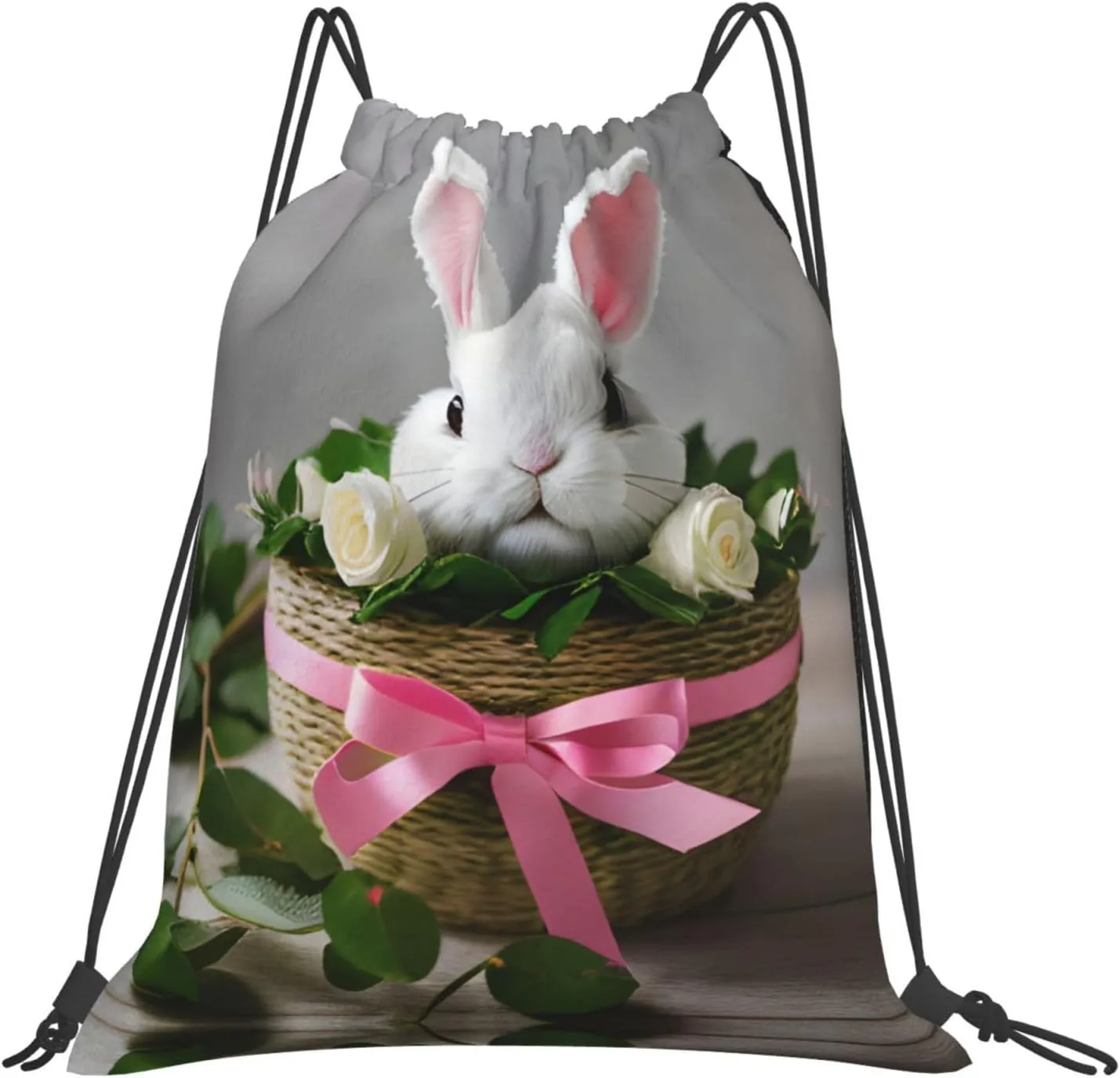 Bunny Rosette Print Sports Drawstring Backpack,Water Resistant Bag, Gym Backpack for Women Men