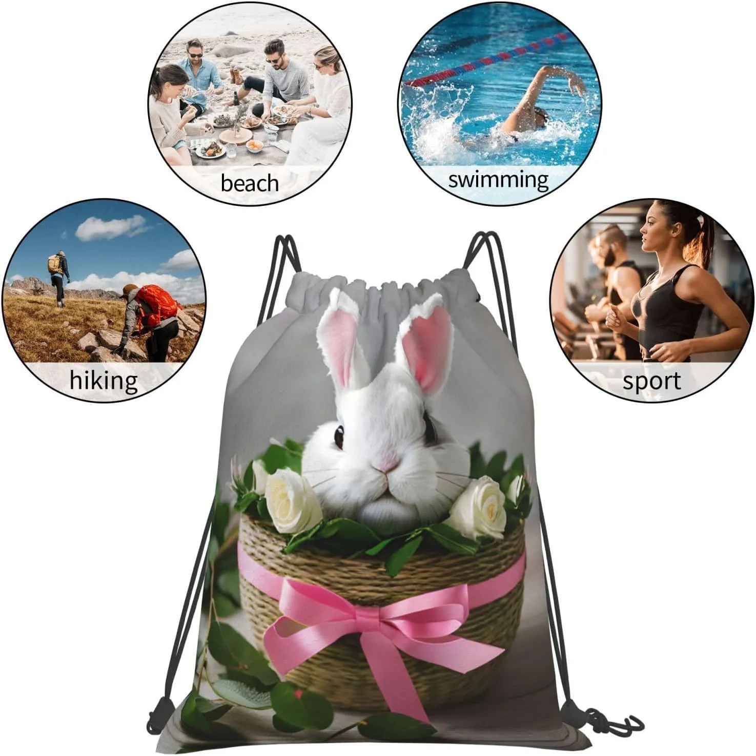 Bunny Rosette Print Sports Drawstring Backpack,Water Resistant Bag, Gym Backpack for Women Men