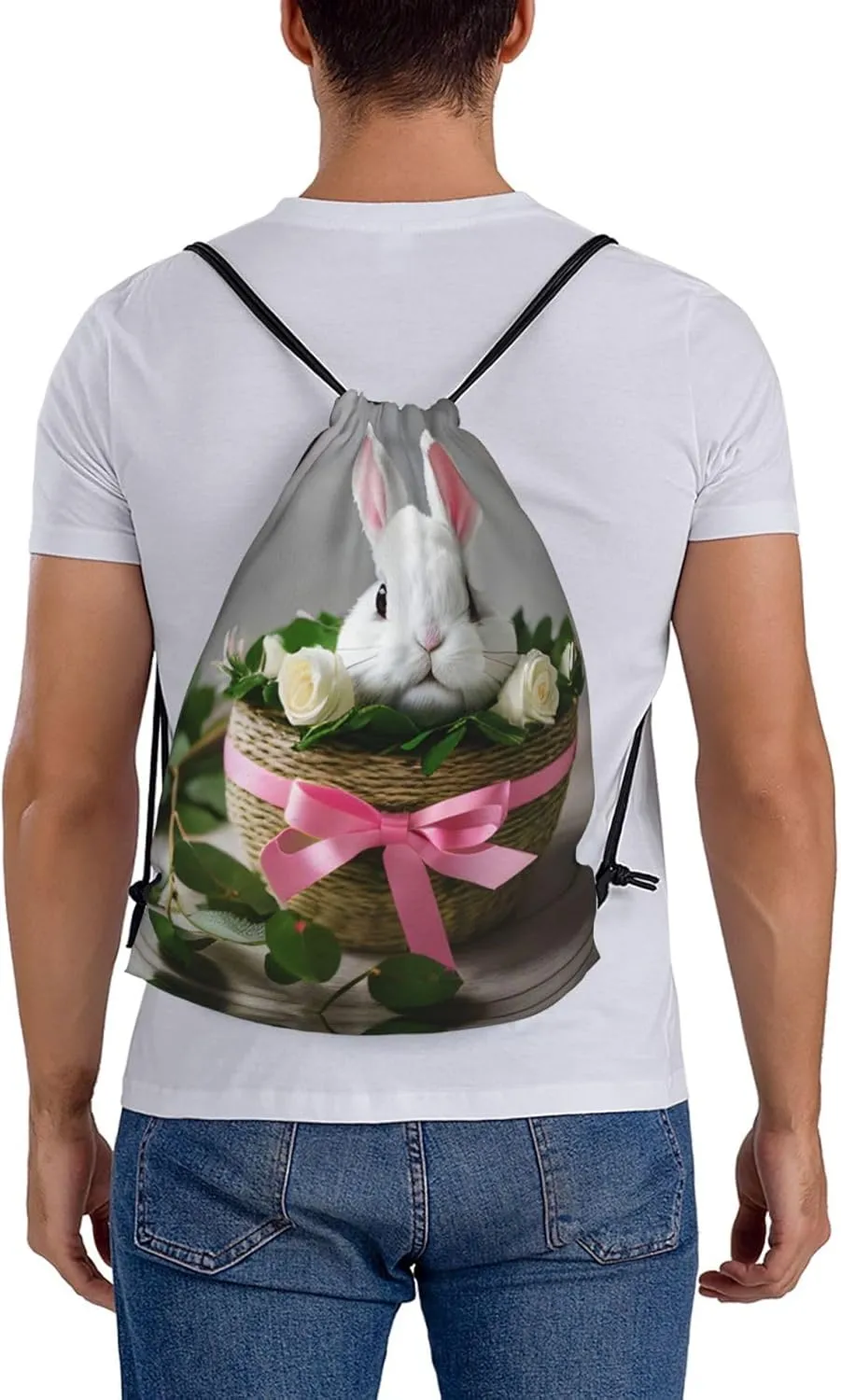 Bunny Rosette Print Sports Drawstring Backpack,Water Resistant Bag, Gym Backpack for Women Men