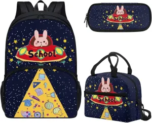 Bunny Spaceship Backpack Backpack for Teen Girls Bookbags School Backpack with Lunch Box and Pencil Case 3 in 1 School Bags Set