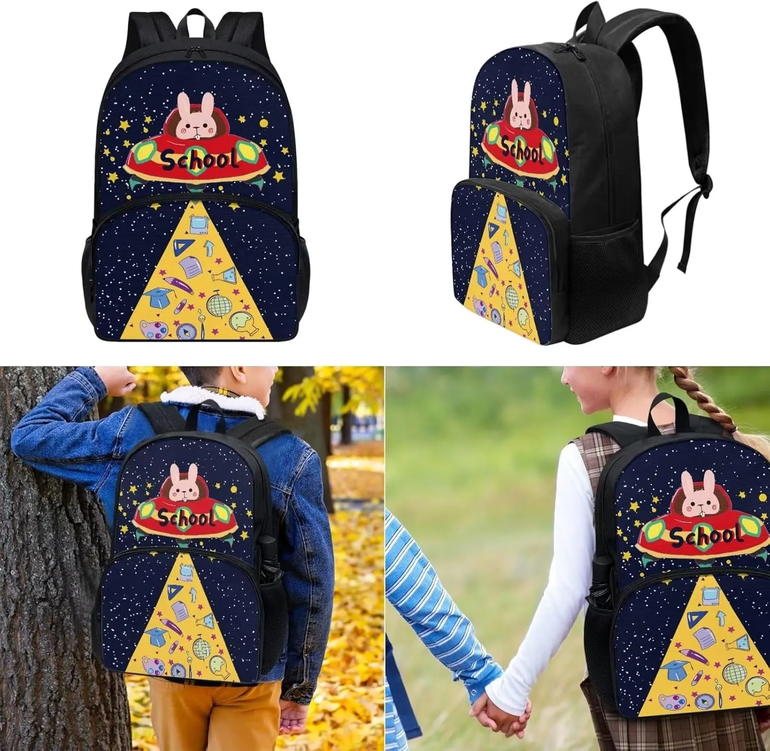Bunny Spaceship Backpack Backpack for Teen Girls Bookbags School Backpack with Lunch Box and Pencil Case 3 in 1 School Bags Set