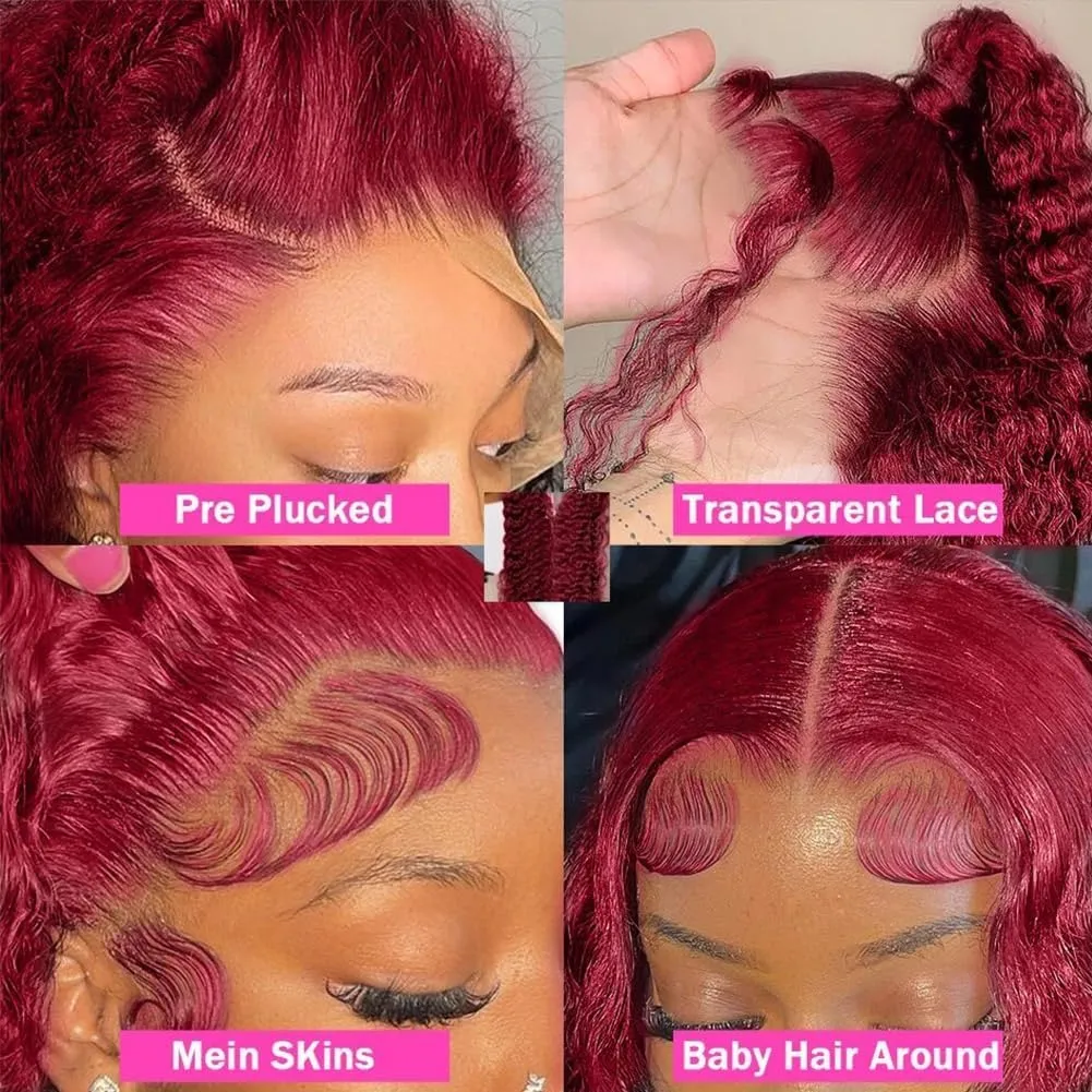 Burgundy Lace Front Wigs Human Hair 180% Density Water Curly Human Hair Lace Front Wigs 13x4 99j Red Wigs Glueless Wigs Human Hair Pre Plucked For Black Women (22 inch)