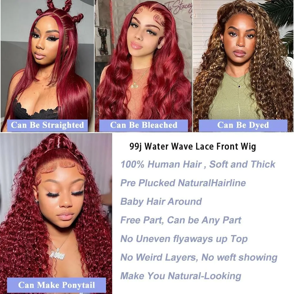 Burgundy Lace Front Wigs Human Hair 180% Density Water Curly Human Hair Lace Front Wigs 13x4 99j Red Wigs Glueless Wigs Human Hair Pre Plucked For Black Women (22 inch)