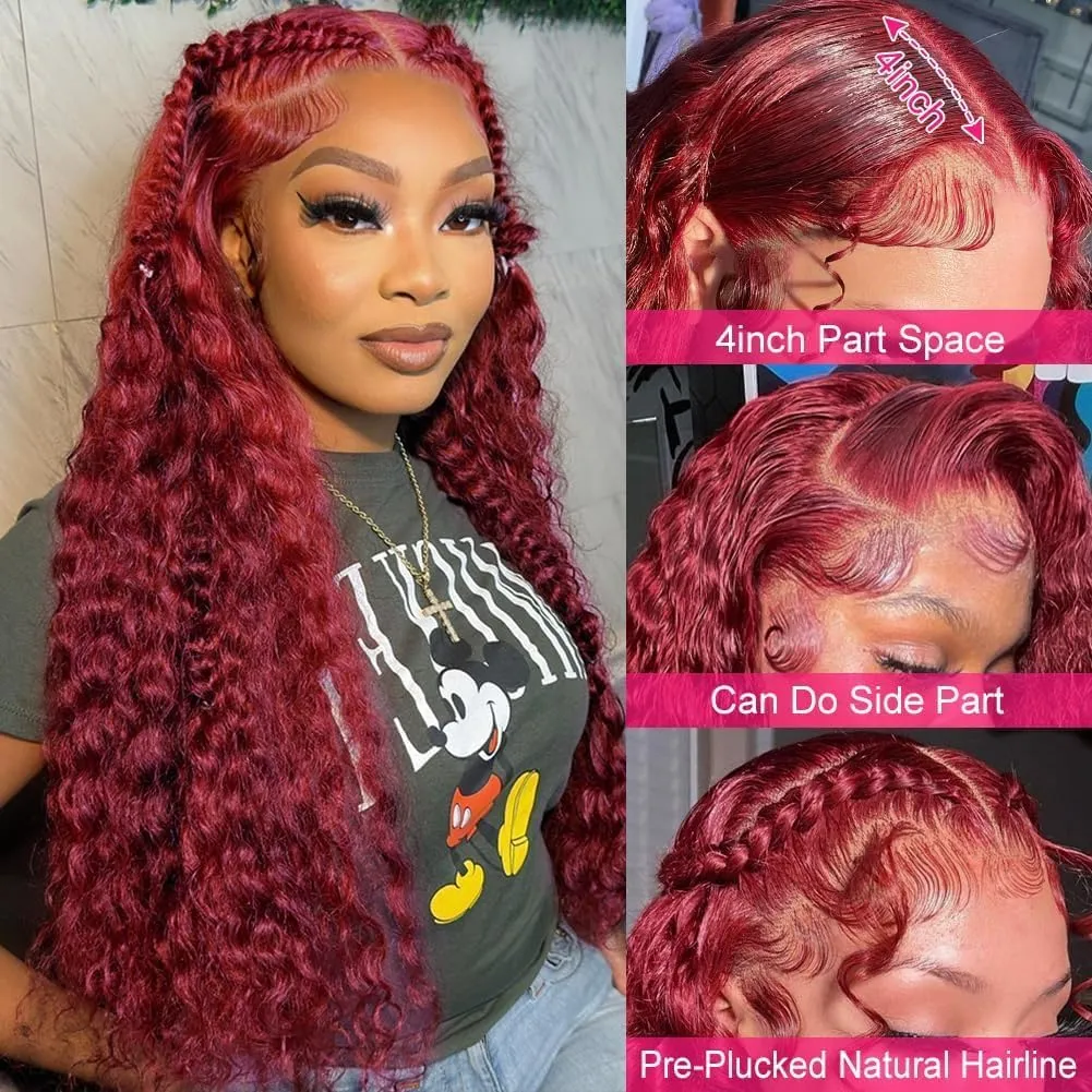 Burgundy Lace Front Wigs Human Hair 180% Density Water Curly Human Hair Lace Front Wigs 13x4 99j Red Wigs Glueless Wigs Human Hair Pre Plucked For Black Women (22 inch)