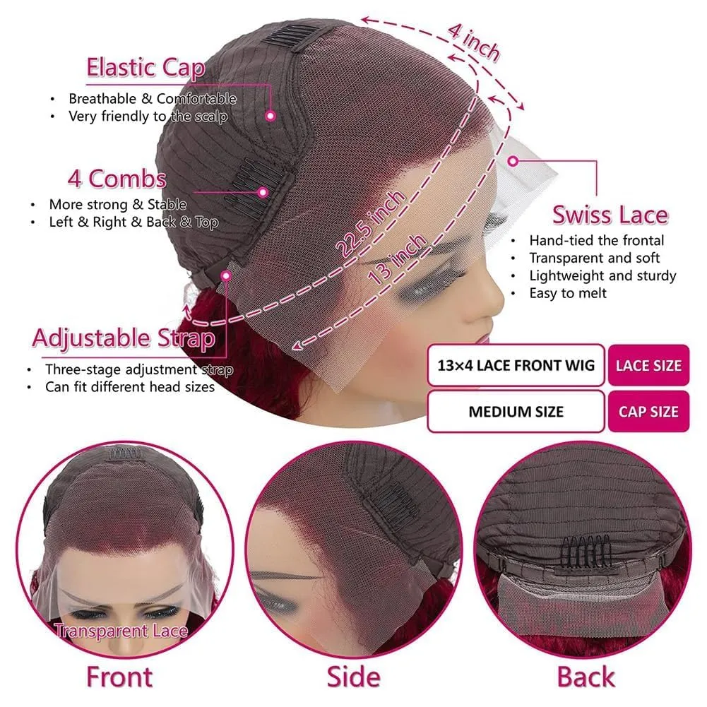 Burgundy Lace Front Wigs Human Hair 180% Density Water Curly Human Hair Lace Front Wigs 13x4 99j Red Wigs Glueless Wigs Human Hair Pre Plucked For Black Women (22 inch)