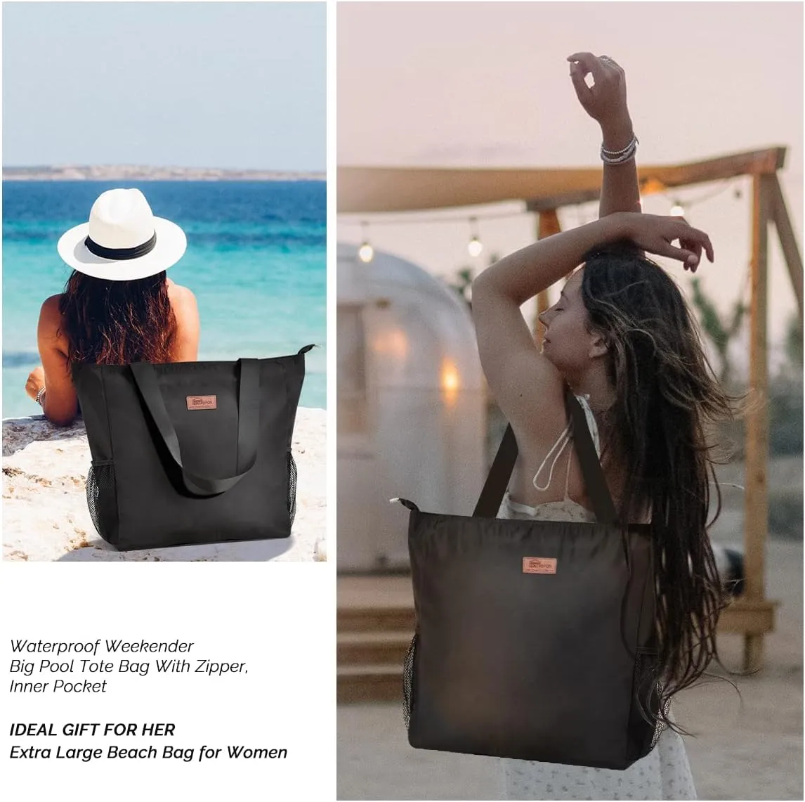Buringer Large Waterproof Beach Bag for Women Sandproof Tote Bag with Zipper and Pockets Pool Bag for Travel Gym Vacation