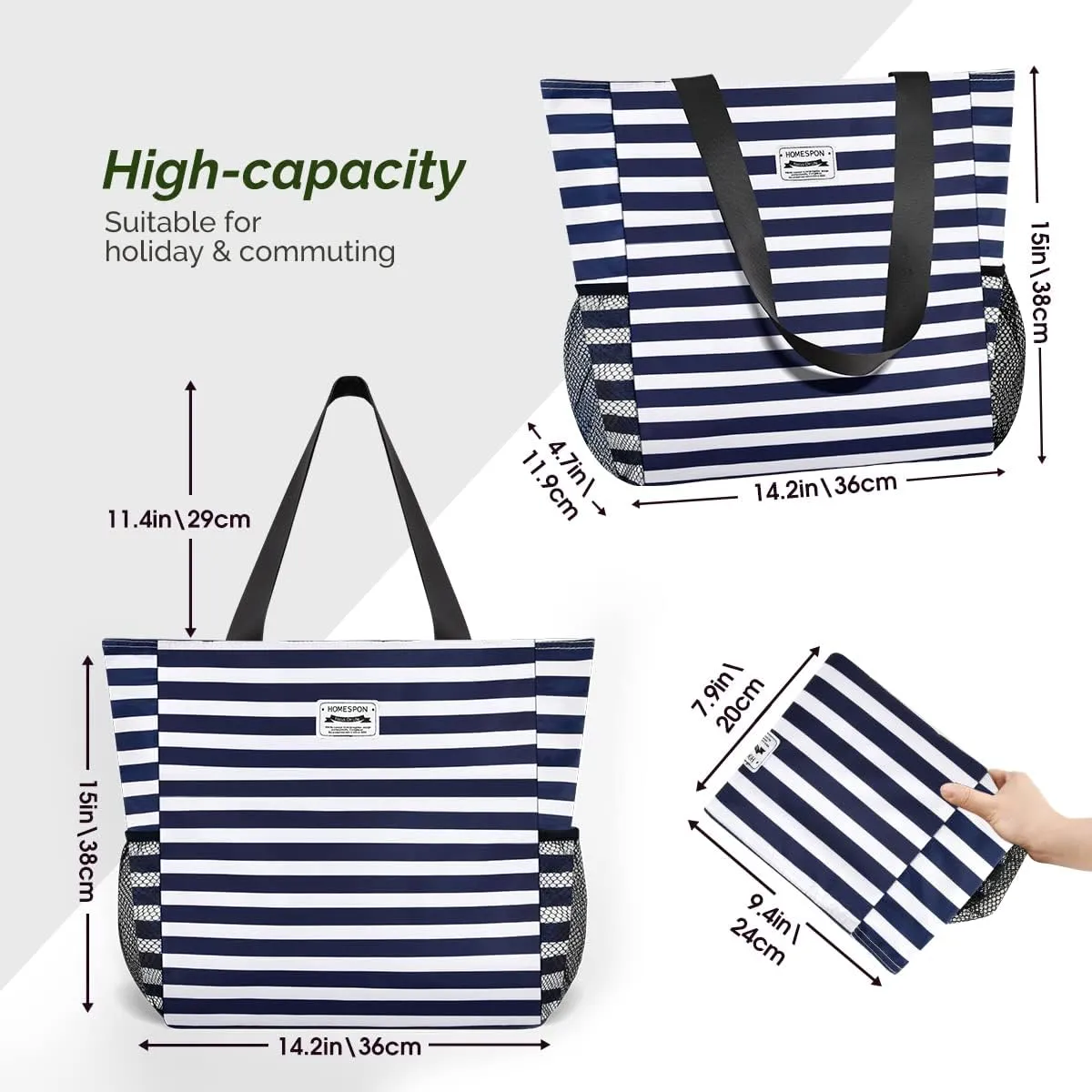 Buringer Large Waterproof Beach Bag for Women Sandproof Tote Bag with Zipper and Pockets Pool Bag for Travel Gym Vacation