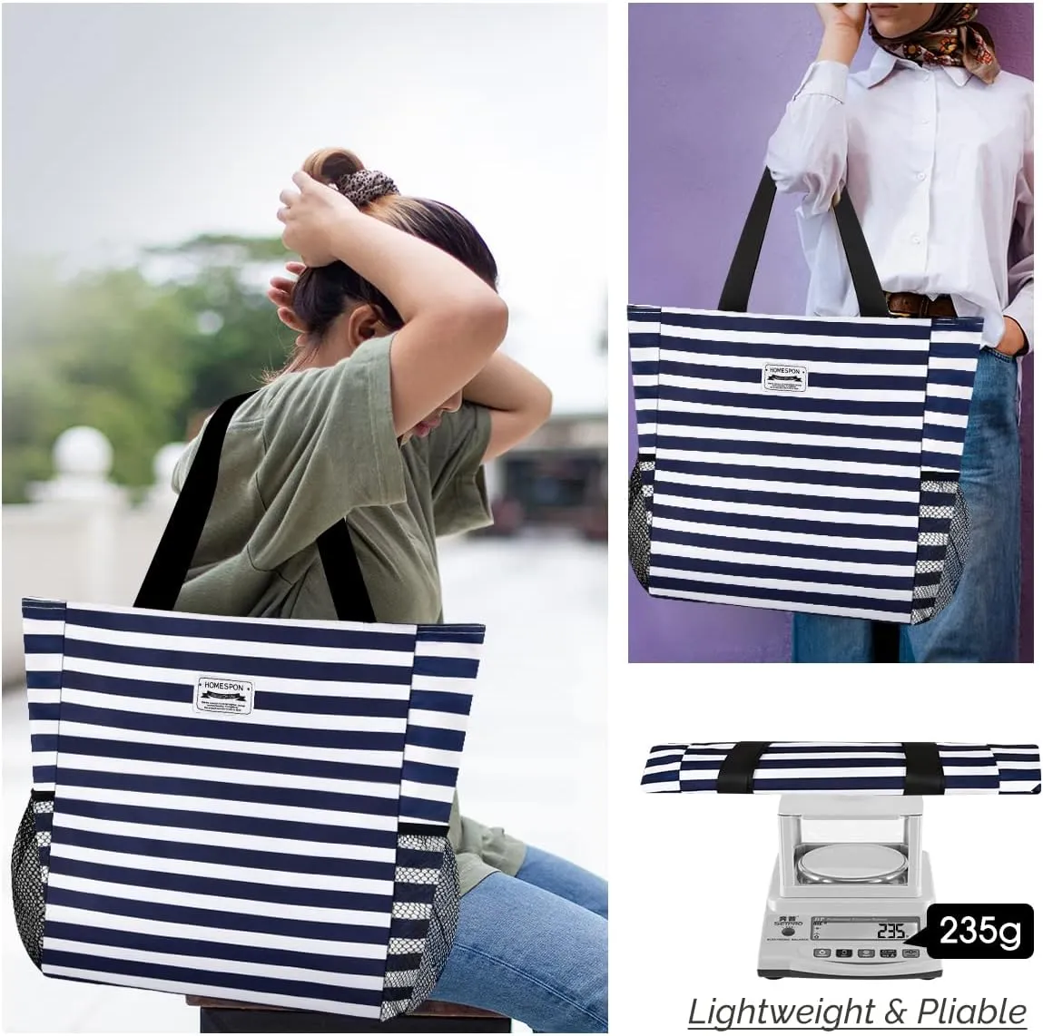 Buringer Large Waterproof Beach Bag for Women Sandproof Tote Bag with Zipper and Pockets Pool Bag for Travel Gym Vacation