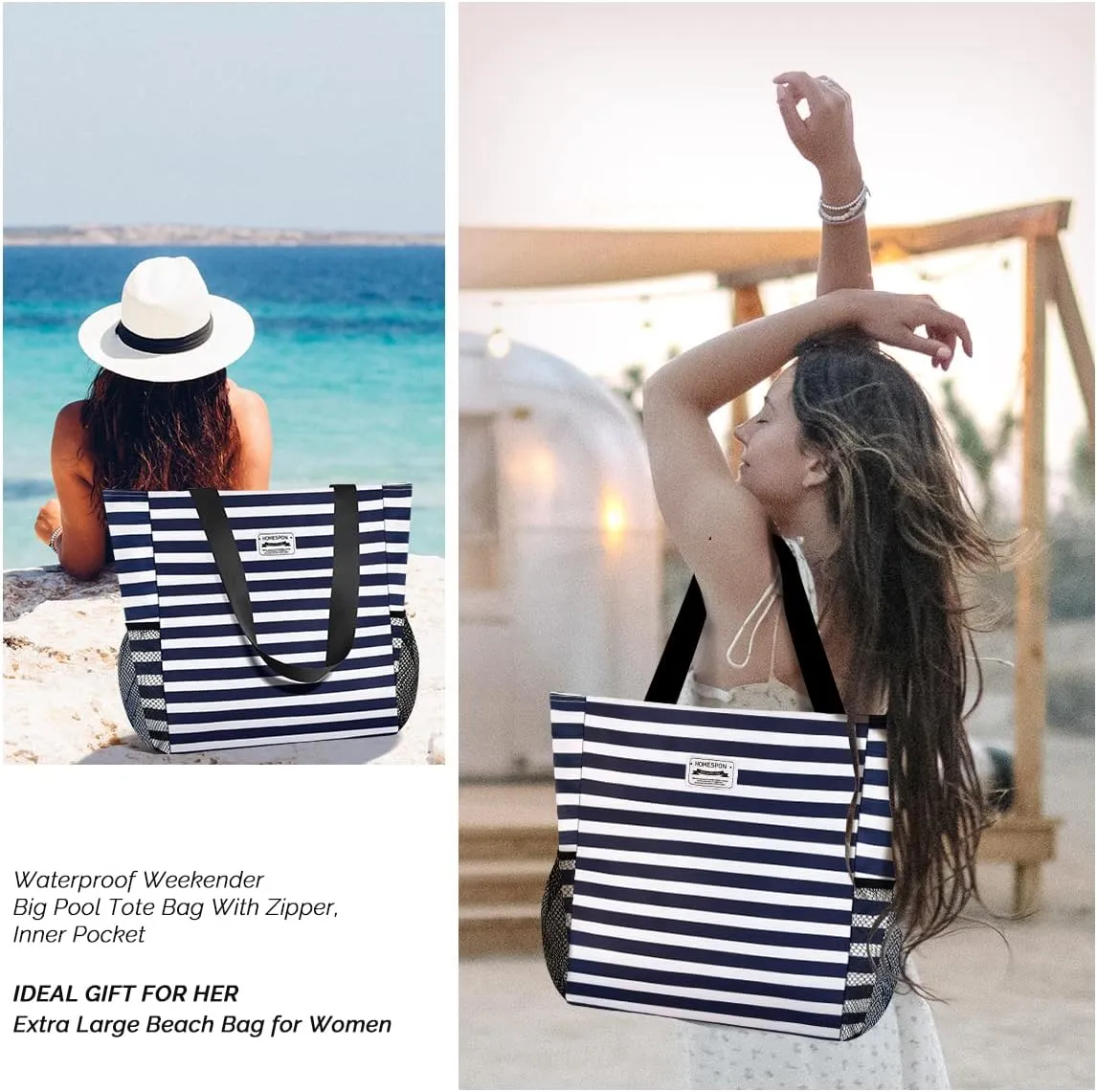 Buringer Large Waterproof Beach Bag for Women Sandproof Tote Bag with Zipper and Pockets Pool Bag for Travel Gym Vacation