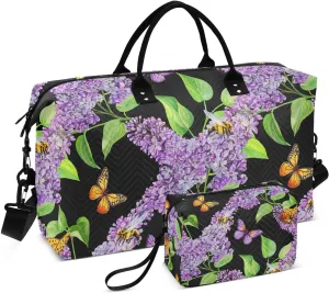 Butterfly Bee Flowers Sports Gym Bag for Women Men Travel Duffel Bag Weekend Overnight Carry on Bag with Toiletry Bag Air Travel Bag for Plane Hospital Workout Swimming Yoga
