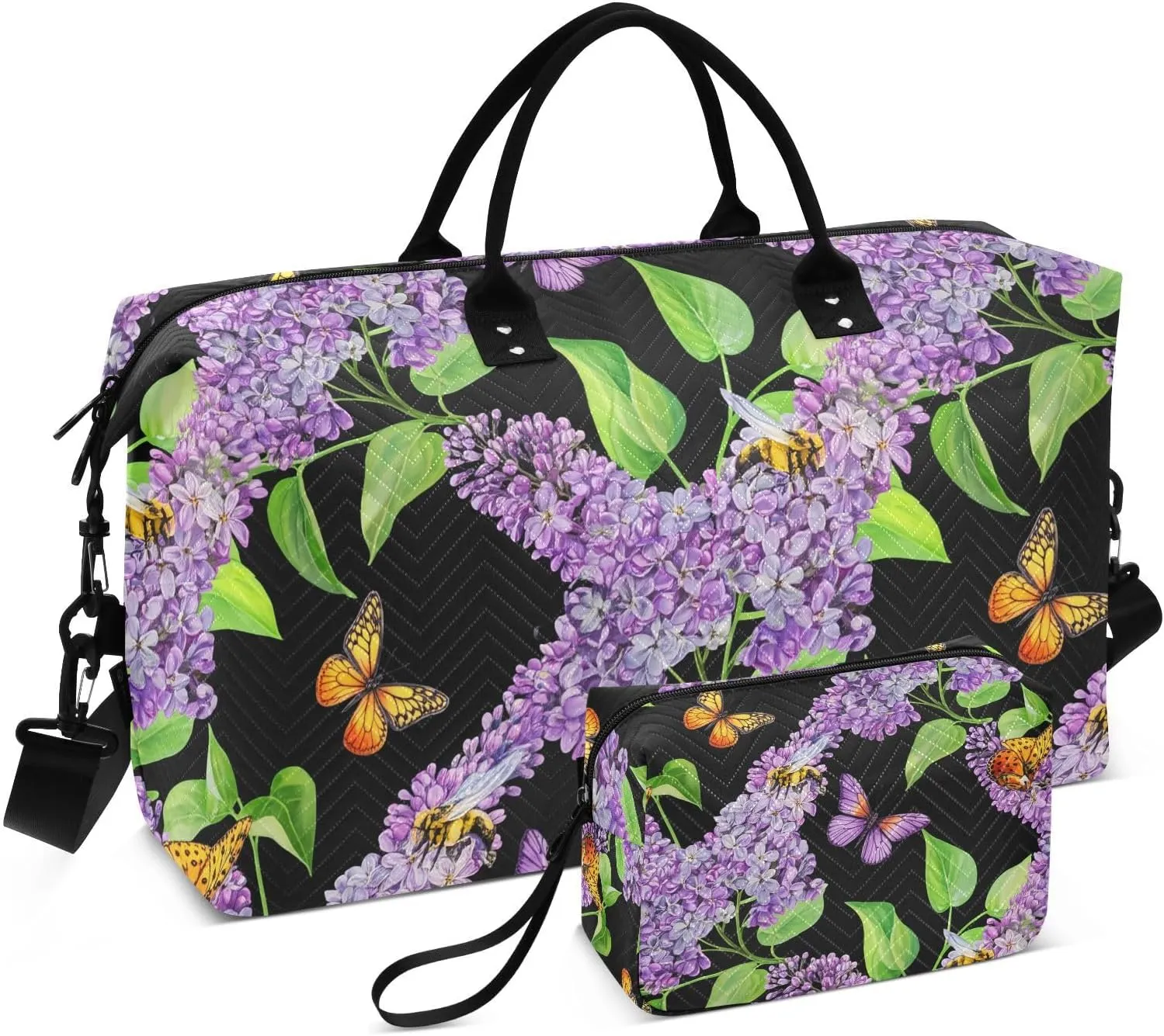 Butterfly Bee Flowers Sports Gym Bag for Women Men Travel Duffel Bag Weekend Overnight Carry on Bag with Toiletry Bag Air Travel Bag for Plane Hospital Workout Swimming Yoga