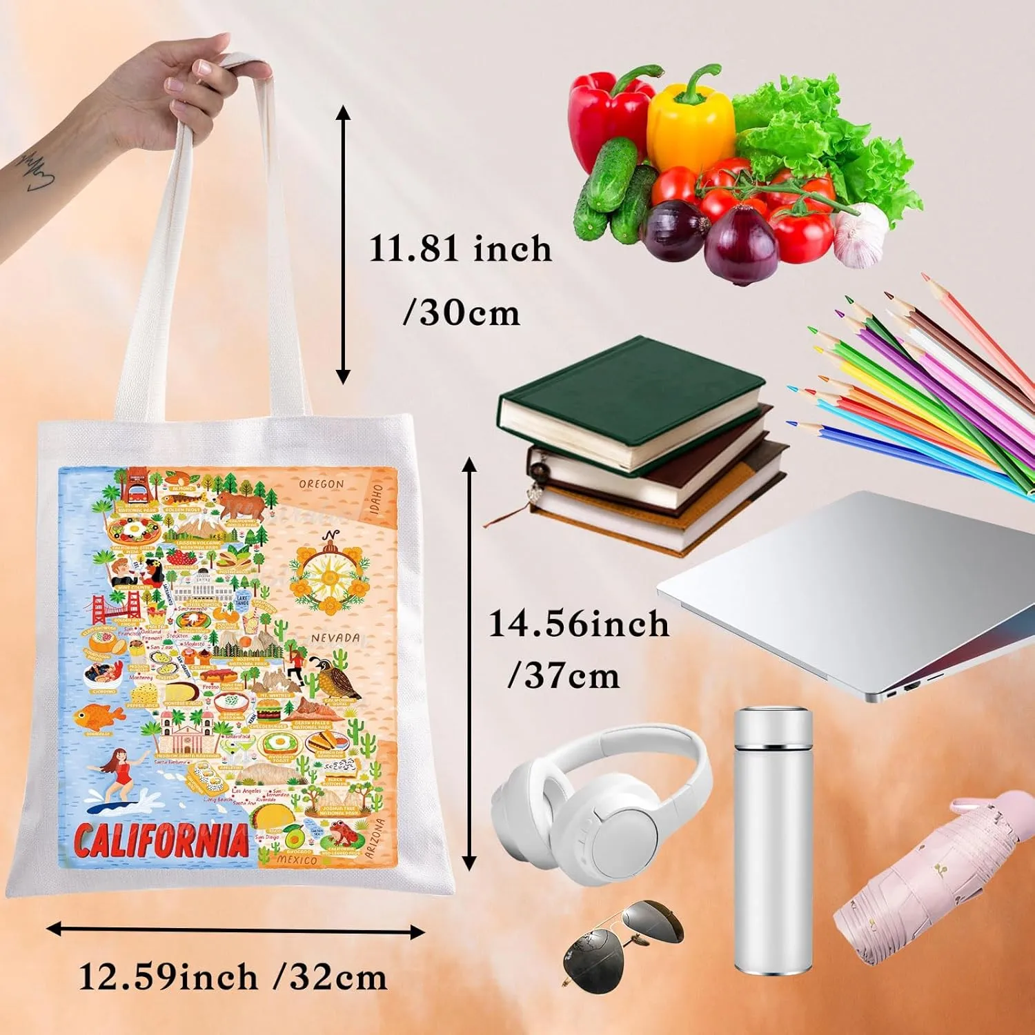 BWWKTOP California Travel Tote Bag - Reusable Grocery Bag - Medium - San Francisco Sun - Adult Women