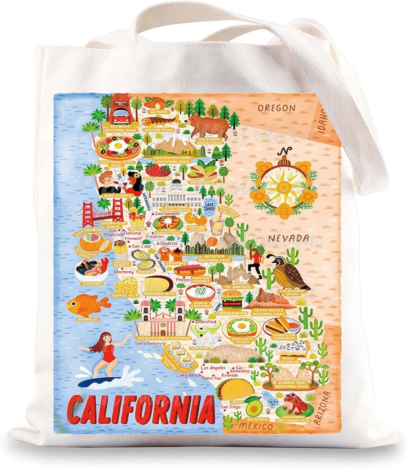 BWWKTOP California Travel Tote Bag - Reusable Grocery Bag - Medium - San Francisco Sun - Adult Women