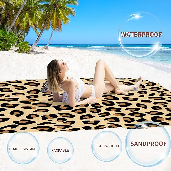 BYDOLL Beach Blanket 78''×81'' 1-4 Adults Leopard Waterproof Sandproof Oversized Lightweight Beach Blanket Large Picnic Mat Beach Blanket for Beach Travel Camping Hiking Picnic