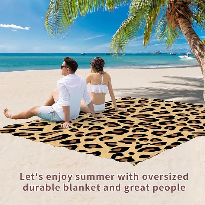 BYDOLL Beach Blanket 78''×81'' 1-4 Adults Leopard Waterproof Sandproof Oversized Lightweight Beach Blanket Large Picnic Mat Beach Blanket for Beach Travel Camping Hiking Picnic