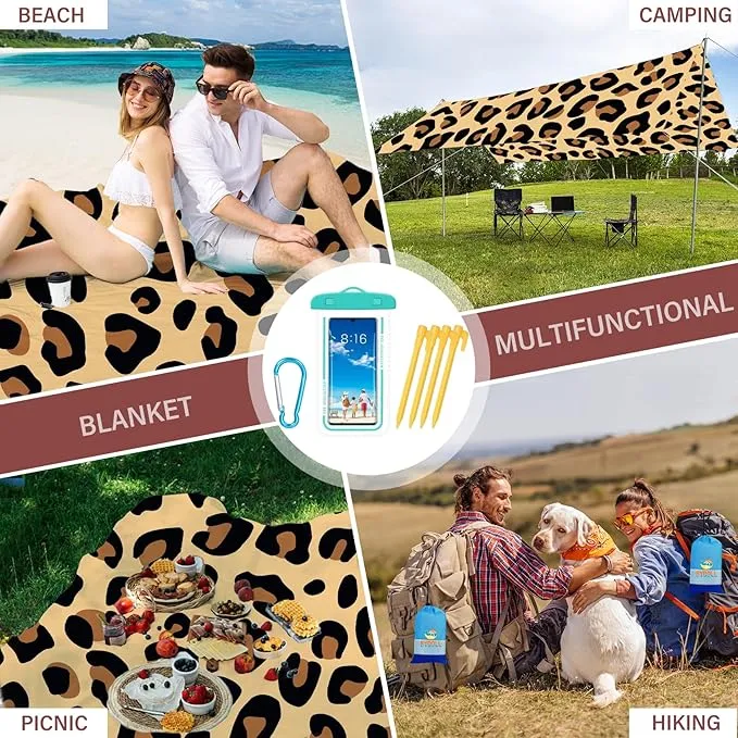 BYDOLL Beach Blanket 78''×81'' 1-4 Adults Leopard Waterproof Sandproof Oversized Lightweight Beach Blanket Large Picnic Mat Beach Blanket for Beach Travel Camping Hiking Picnic