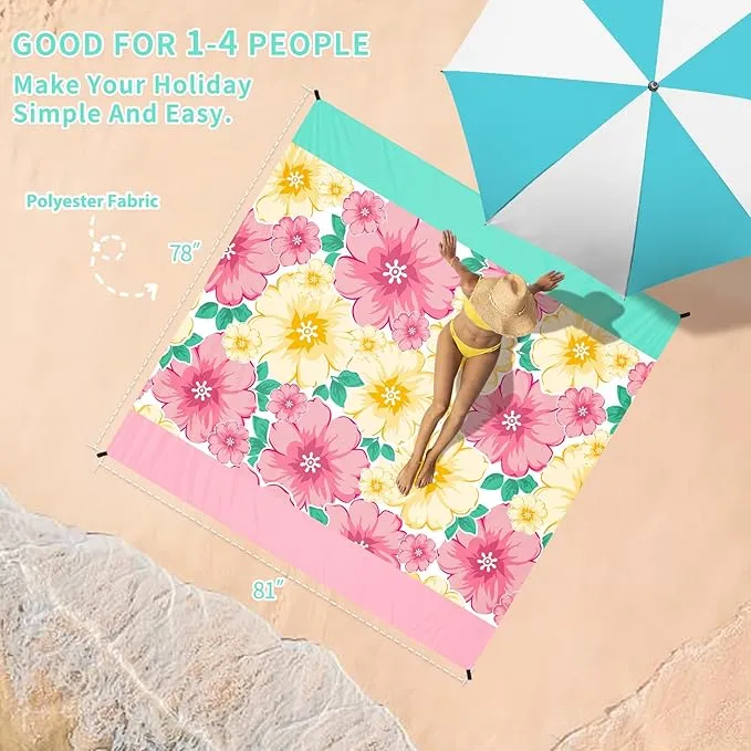 BYDOLL Beach Blanket Sandproof Waterproof 78''×81'' 1-4 Adults Compact Lightweight Oversized Beach Blanket Large Picnic Mat Beach Blanket for Travel Camping Hiking Picnic