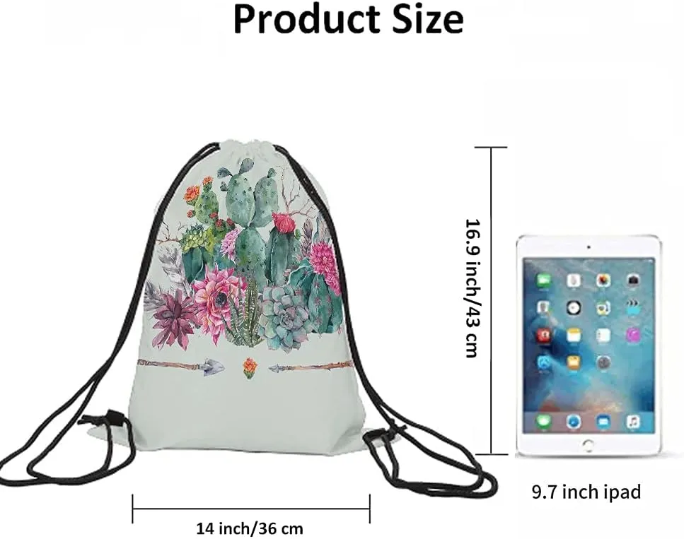 Cactus and Arrow Drawstring Bags Backpack Bag Vintage Summer Succulents Boho Tribal Exotic Flowers Bohemian Sport Gym Sack Drawstring Bag String Bag Yoga Bag for Men Women