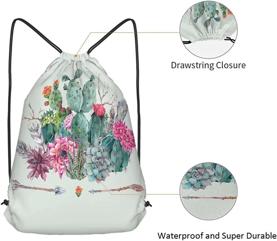 Cactus and Arrow Drawstring Bags Backpack Bag Vintage Summer Succulents Boho Tribal Exotic Flowers Bohemian Sport Gym Sack Drawstring Bag String Bag Yoga Bag for Men Women