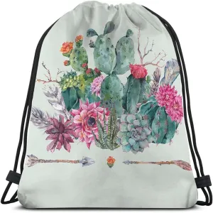 Cactus and Arrow Drawstring Bags Backpack Bag Vintage Summer Succulents Boho Tribal Exotic Flowers Bohemian Sport Gym Sack Drawstring Bag String Bag Yoga Bag for Men Women