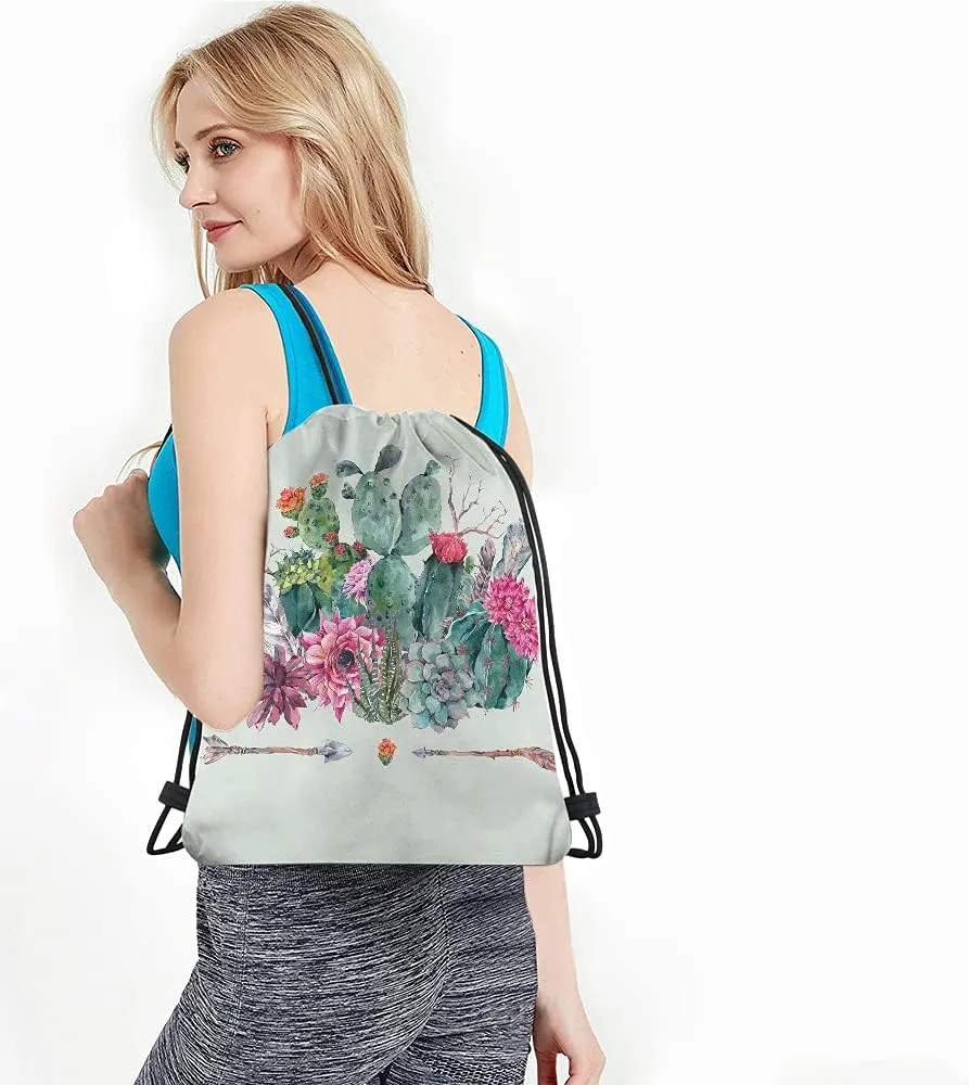 Cactus and Arrow Drawstring Bags Backpack Bag Vintage Summer Succulents Boho Tribal Exotic Flowers Bohemian Sport Gym Sack Drawstring Bag String Bag Yoga Bag for Men Women