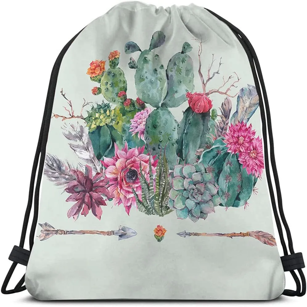 Cactus and Arrow Drawstring Bags Backpack Bag Vintage Summer Succulents Boho Tribal Exotic Flowers Bohemian Sport Gym Sack Drawstring Bag String Bag Yoga Bag for Men Women