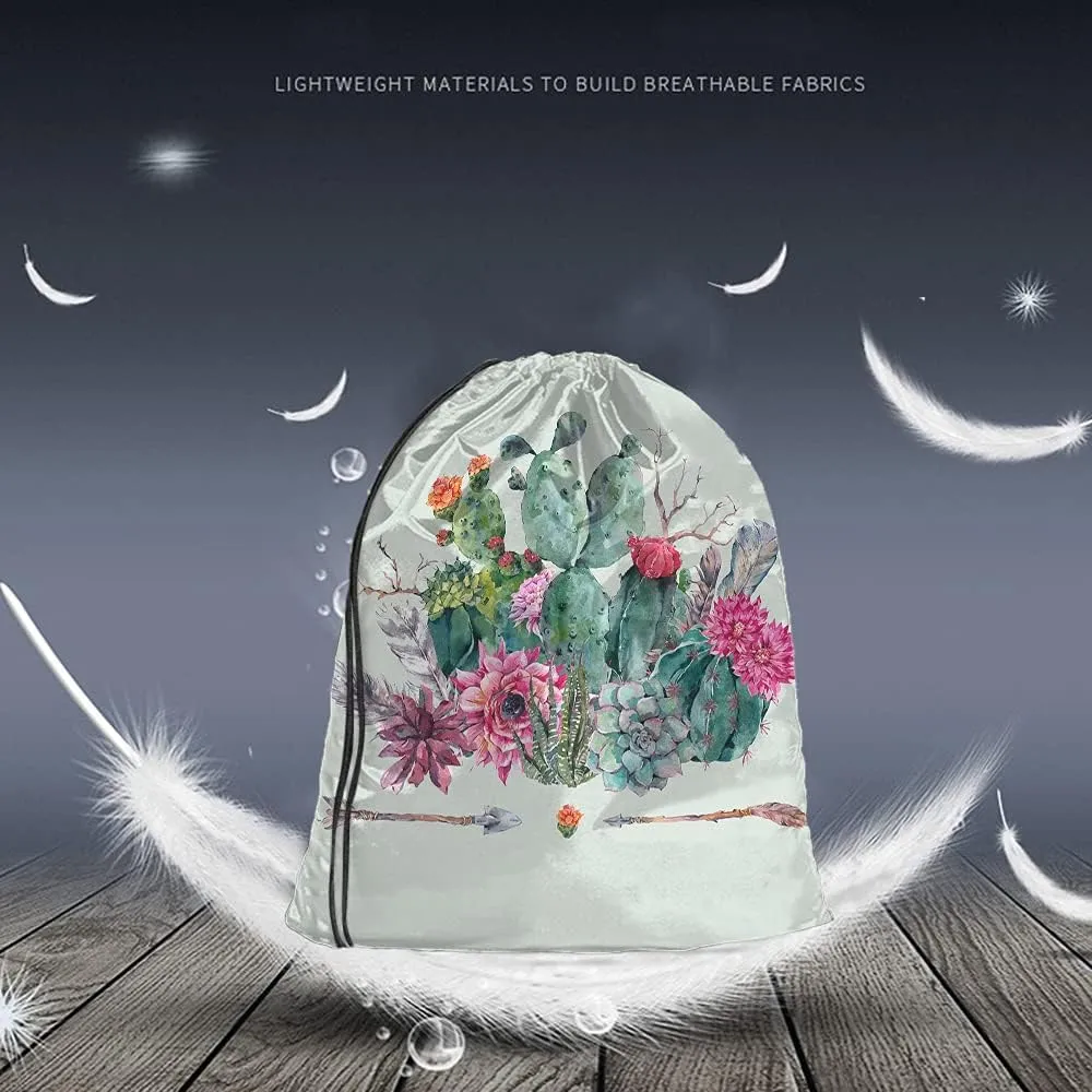 Cactus and Arrow Drawstring Bags Backpack Bag Vintage Summer Succulents Boho Tribal Exotic Flowers Bohemian Sport Gym Sack Drawstring Bag String Bag Yoga Bag for Men Women