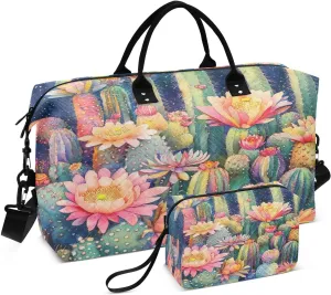 Cactus Flower Garden Blue Sports Gym Bag for Women Men Travel Duffel Bag Weekend Overnight Carry on Bag with Toiletry Bag Training Handbag for Swimming Yoga Workout Plane Hospital