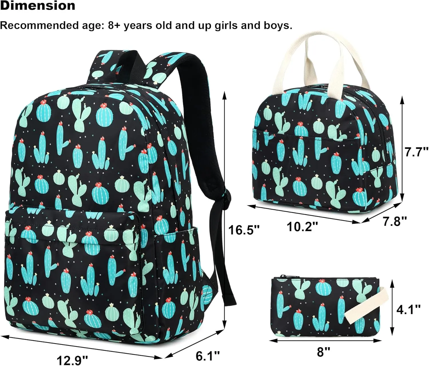 Cactus School Backpack for Teen Girls, 3-in-1 Kids Backpack Bookbag Set School Bags with Lunch Box Pencil Case