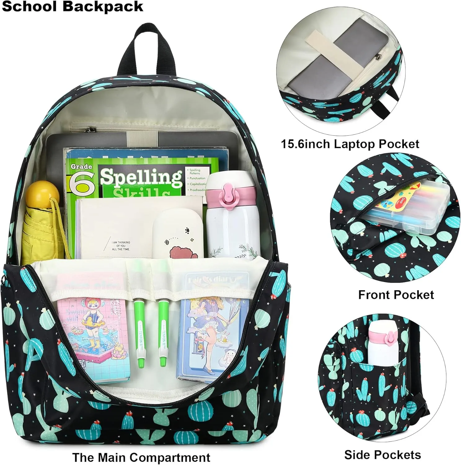 Cactus School Backpack for Teen Girls, 3-in-1 Kids Backpack Bookbag Set School Bags with Lunch Box Pencil Case