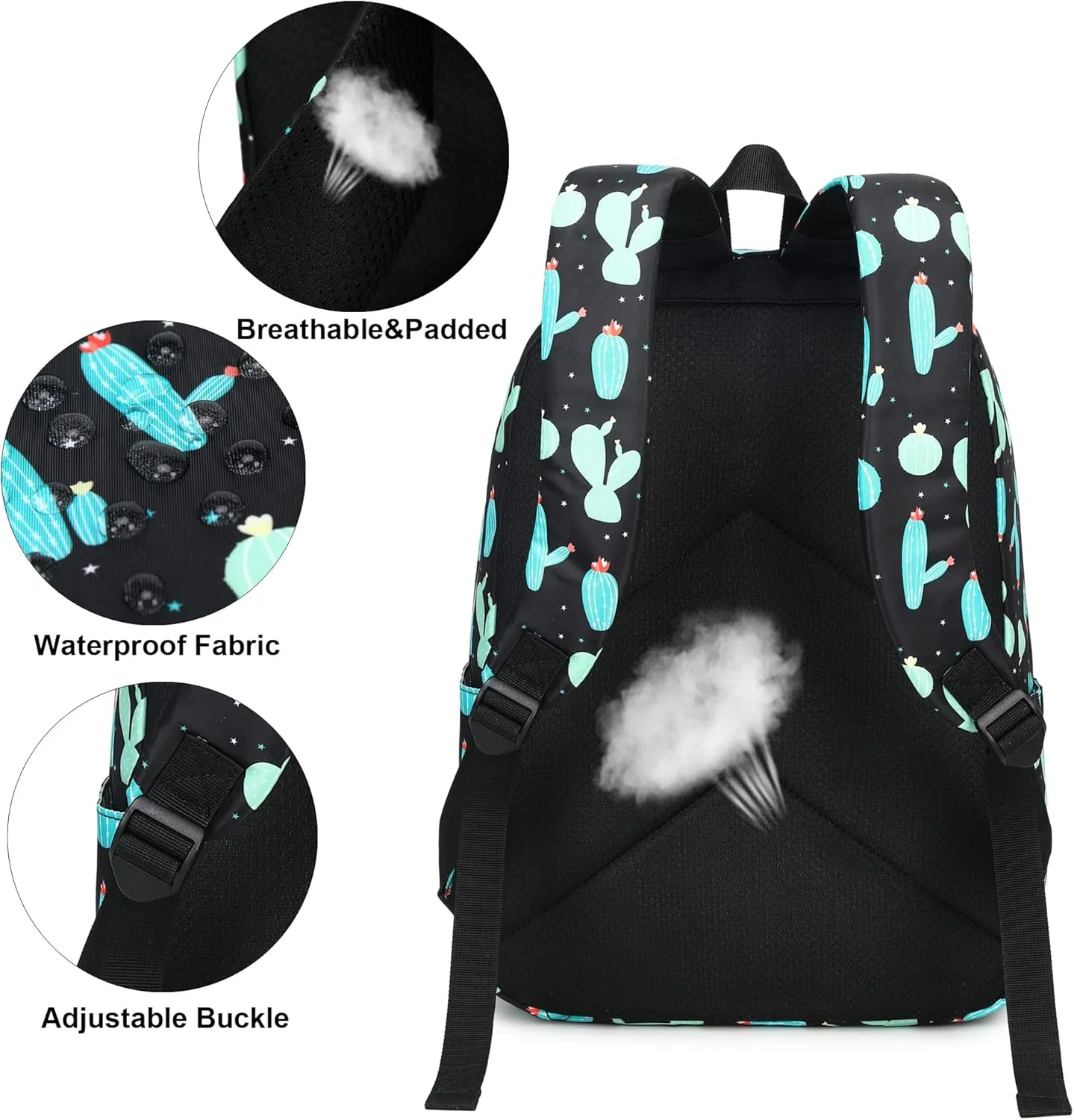 Cactus School Backpack for Teen Girls, 3-in-1 Kids Backpack Bookbag Set School Bags with Lunch Box Pencil Case