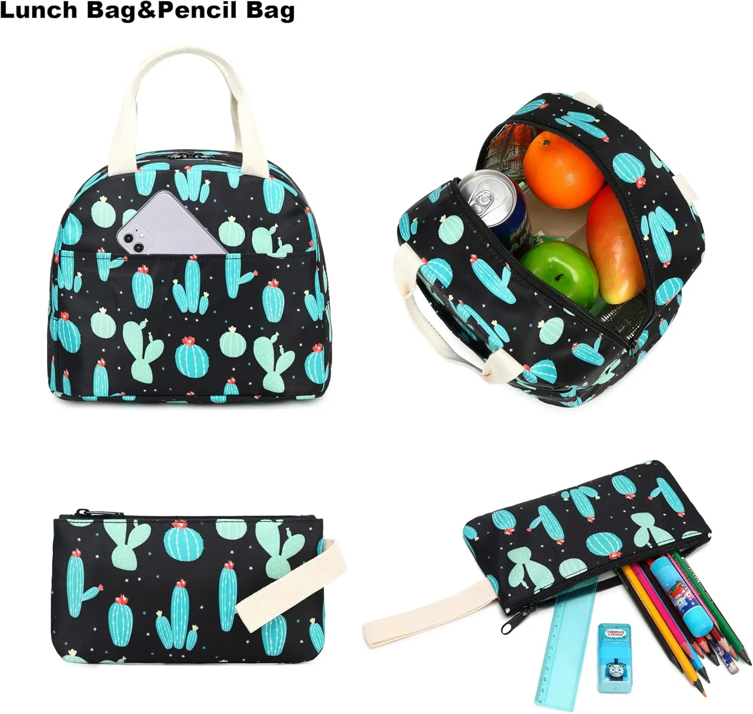 Cactus School Backpack for Teen Girls, 3-in-1 Kids Backpack Bookbag Set School Bags with Lunch Box Pencil Case
