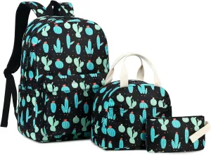 Cactus School Backpack for Teen Girls, 3-in-1 Kids Backpack Bookbag Set School Bags with Lunch Box Pencil Case