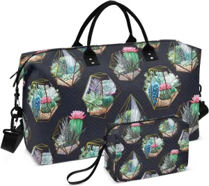 Cactus Succulent Plants Dark Sports Gym Bag for Women Men Travel Duffel Bag Weekend Overnight Carry on Bag with Toiletry Bag Training Handbag for Swimming Yoga Workout Hospital Plane
